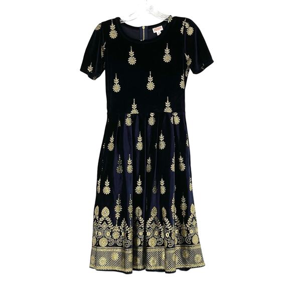 Lularoe Small Elegant Amelia Navy Gold Flowers Holiday Dress Sz S Christmas - Picture 1 of 16